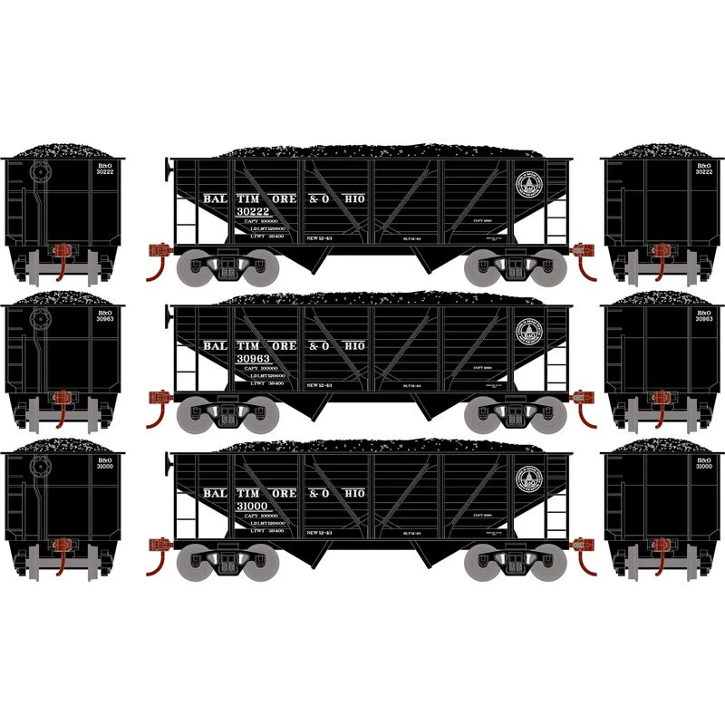 Athearn HO 34' 2-Bay Composite Coal Hopper with Load, B&O (3) for Freight Cars 3 Athearn HO 34' 2-Bay Composite Coal Hopper with Load, B&O (3) for Freight Cars